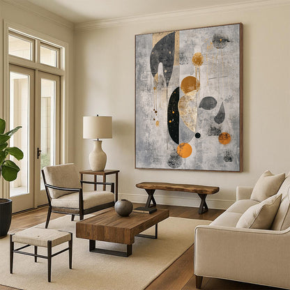 Gray, Black, Gold and Orange Geometric Shapes "Ethereal Geometry" Painting On Canvas HB331