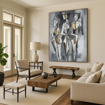 Gray, White, Black and Gold Cubist Figures "Ethereal Forms" Painting On Canvas HB375