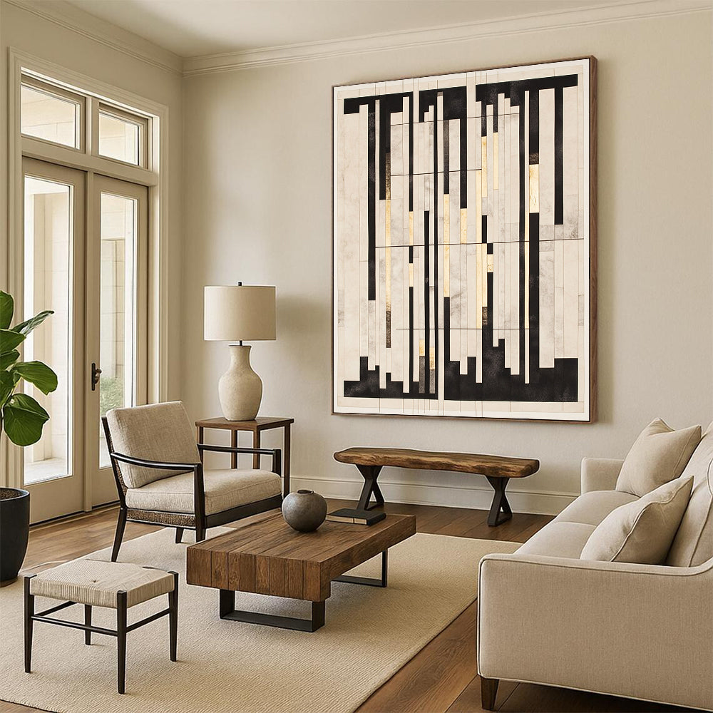 Black, White, Gray, Gold, Vertical Rectangles "Gilded Grid Symphony" Abstract Constructivist - Inspired Painting On Canvas HB121