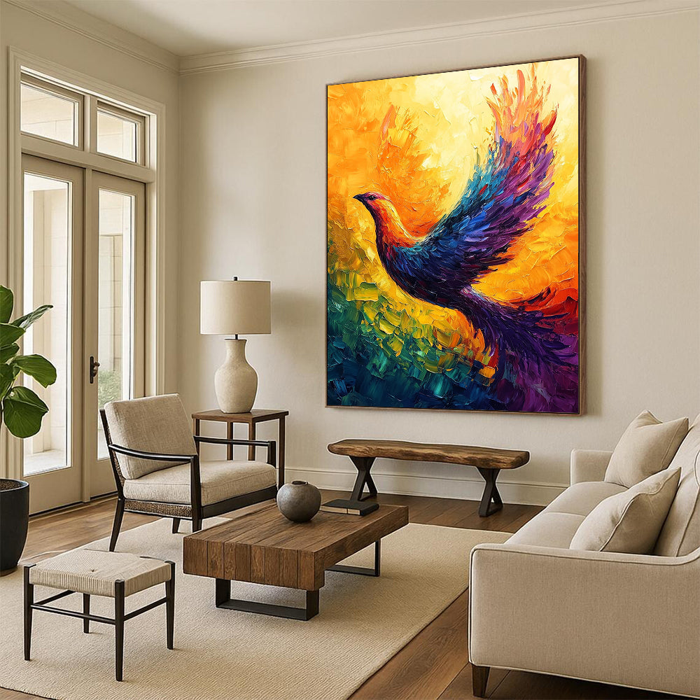 Contemporary abstract art featuring a vibrant phoenix with radiant colors and dynamic brush strokes, creating a captivating display of movement and energy. DLZ1500