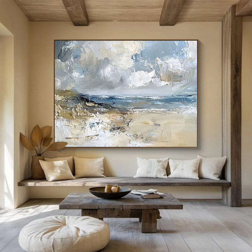 “Impasto Beachscape” - Gray, Blue, Beige, Textured Seaside Scene Painting On Canvas HB1032