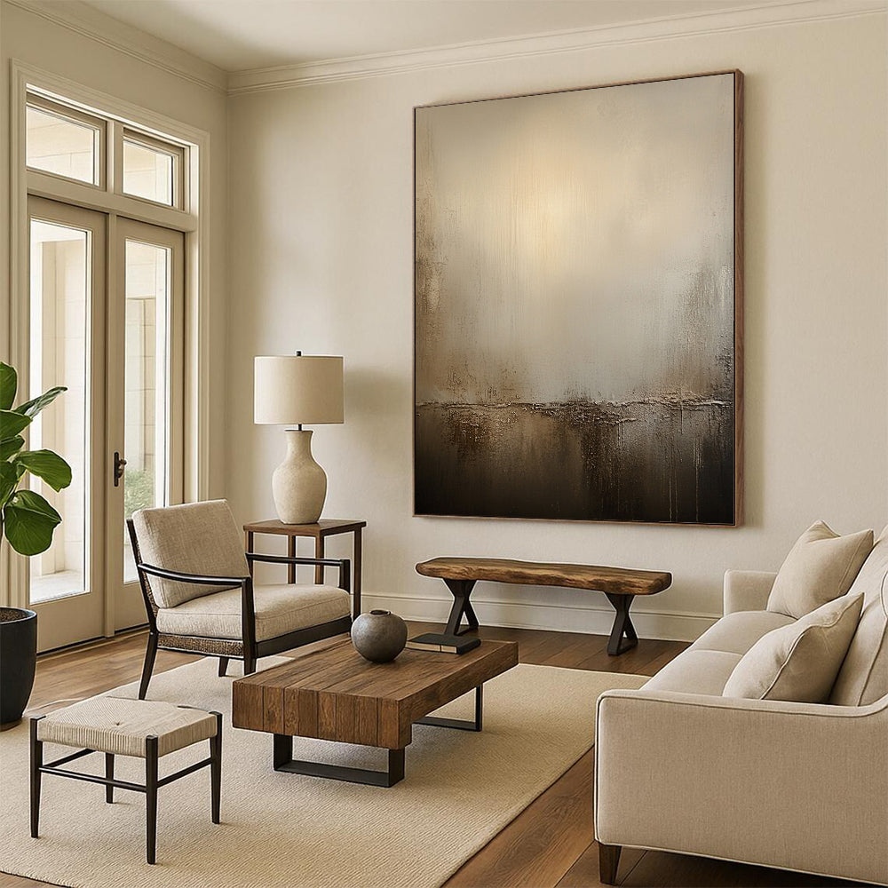 Large contemporary hand-painted abstract artwork in warm neutral tones featuring textured beige walls that evoke tranquility and depth without clear outlines. DLZ0988