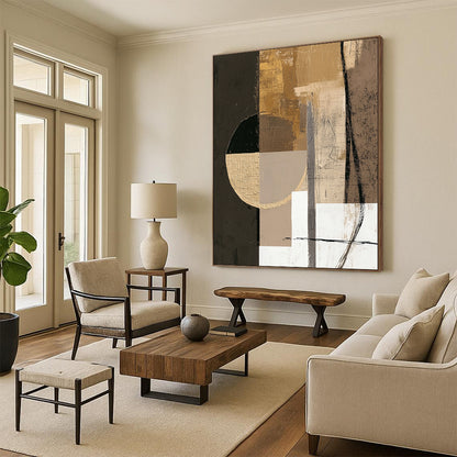 Contemporary hand-painted abstract artwork featuring earthy tones with textures, large circle, and small white square for tranquil harmony. DLZ0853
