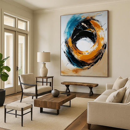 Contemporary hand-painted abstract artwork featuring a black and gold color scheme with a light orange circle and navy blue turquoise swirls against a white background. DLZ0446