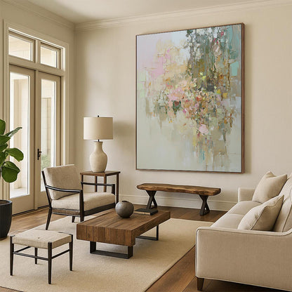 Contemporary abstract artwork showcasing an overgrown garden in muted pastels with visible textures and dreamy soft lighting emphasizing natural beauty. DLZ0889
