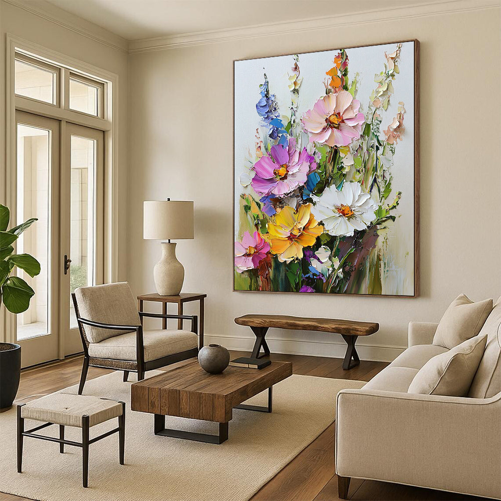 Vibrant contemporary hand-painted abstract art featuring a textured bouquet of flowers with rich colors against a clean white background. DLZ1674