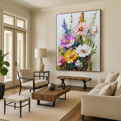 Vibrant contemporary hand-painted abstract art featuring a textured bouquet of flowers with rich colors against a clean white background. DLZ1674