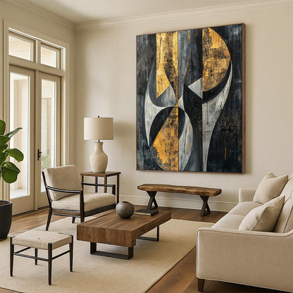 Gray, Black, Gold and Silver Geometric Abstraction "Mystic Geometry" Painting On Canvas HB397