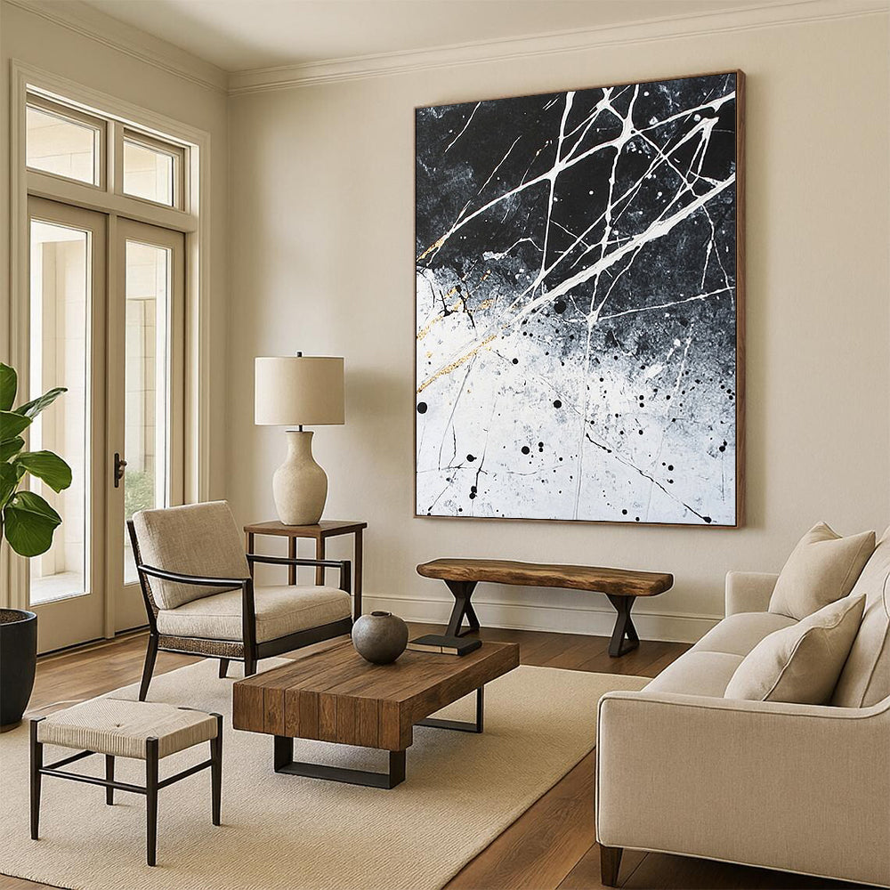 Black, White, Gray, Gold, Splattered Web "Golden Entanglement" Abstract Expressionist Painting On Canvas HB063