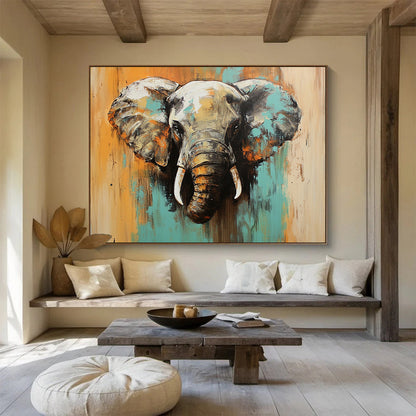 “Colorful Elephant Portrait” - Teal, Orange, Gray, Expressive Animal Painting On Canvas HB1002