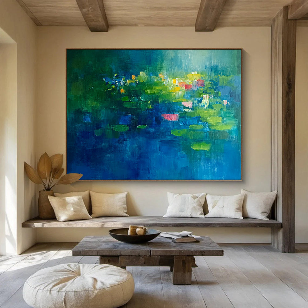 “Lily Pond Dreams” - Rich greens, blues, pops of pink, yellow; Abstracted water lilies, pond; Impressionistic Floral Painting On Canvas HB1149