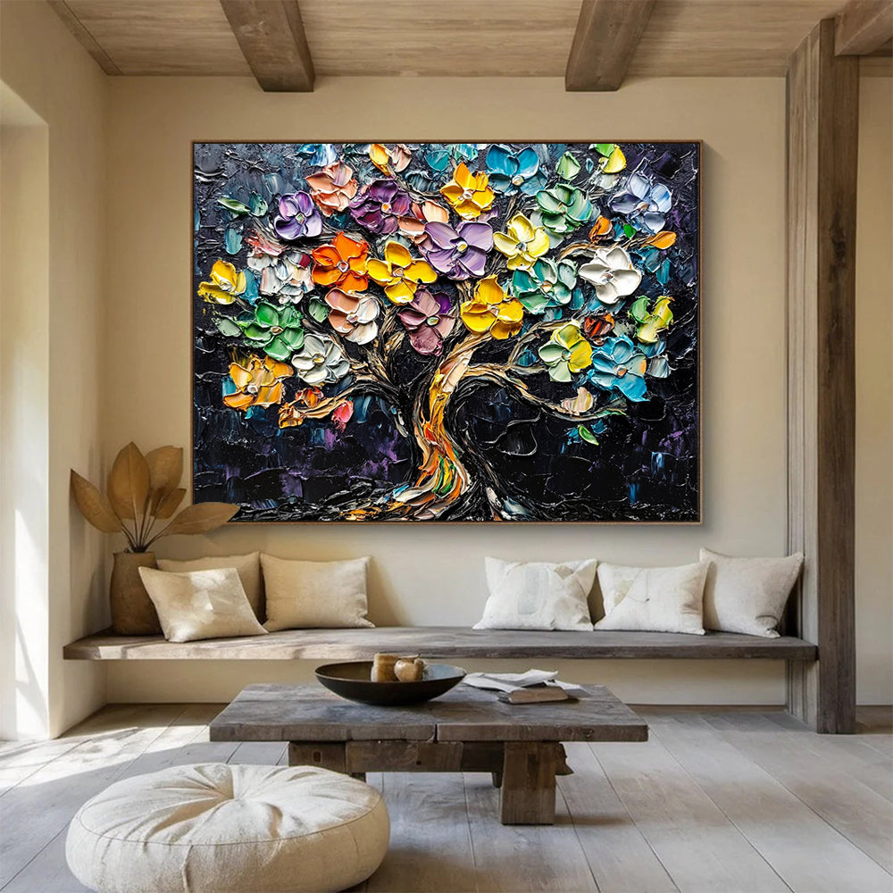 “Colorful Flower Tree” - Colorful, Textured, Flower Tree Painting On Canvas HB0751