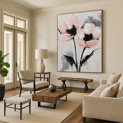Contemporary abstract painting featuring elegant pink and gray flowers with long stems on a textured canvas background, exuding tranquility and intricate detail. DLZ1685