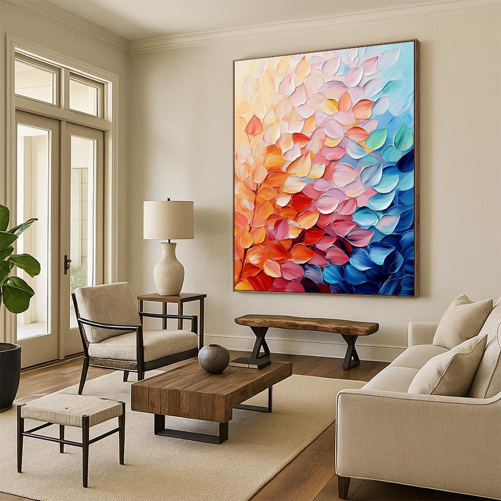 Contemporary abstract painting featuring colorful leaves in soft hues with vibrant palette knife texture for a puffy shiny effect on canvas. DLZ0616