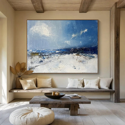 “Blue and White Coastal Abstract” - Blue, White, Seaside Motifs Painting On Canvas HB0871