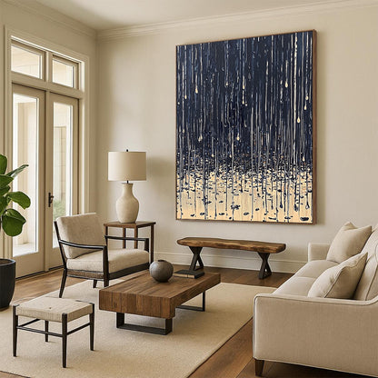 Contemporary abstract painting depicting rain on ground with dark blue beige palette thick paint drips and tranquil reflections on wet surfaces. DLZ0634