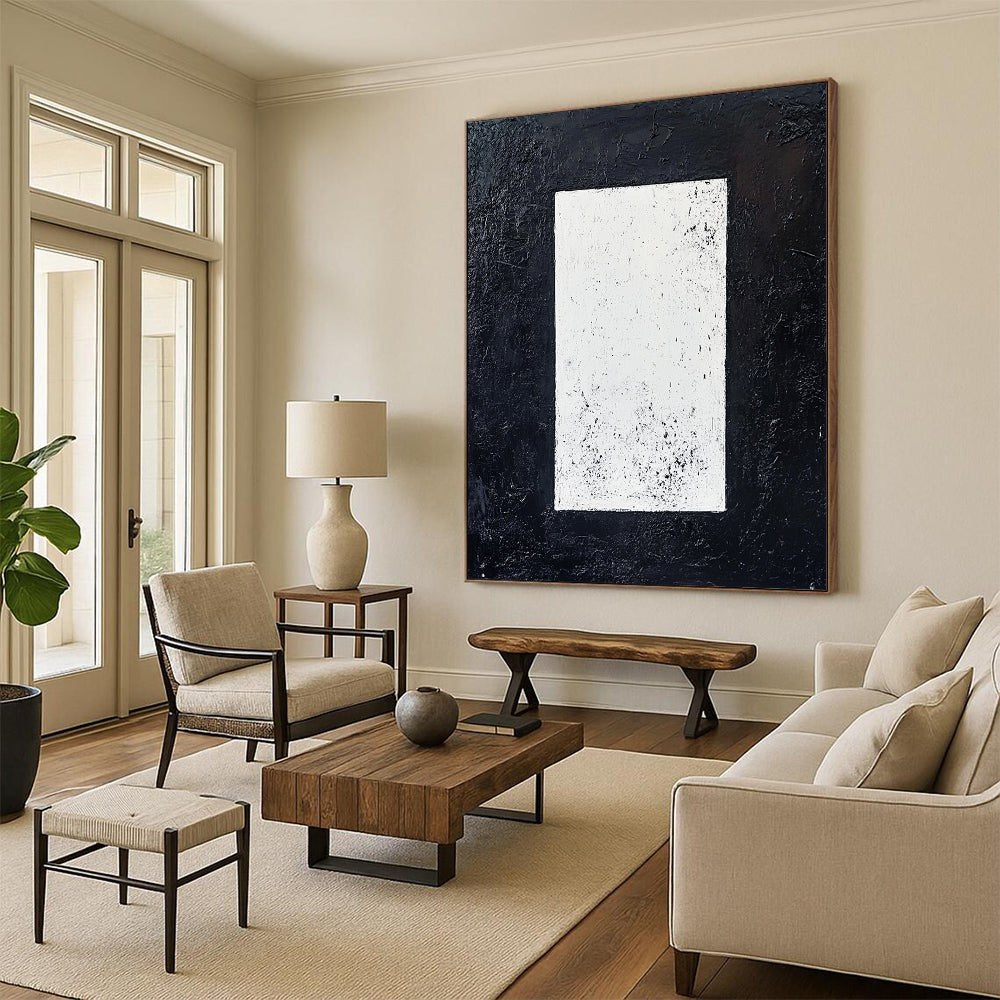 Contemporary hand-painted abstract art featuring a white rectangle on a textured black background creating a striking minimalist monochrome effect. DLZ1520