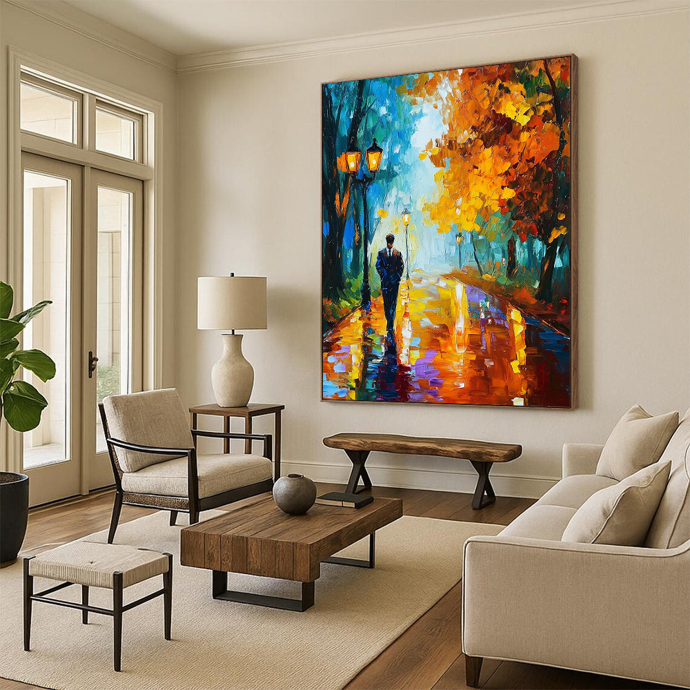 Vibrant contemporary abstract painting of a man strolling through an autumn park filled with colorful trees and glowing street lamps reflecting rain on his suit. DLZ1305