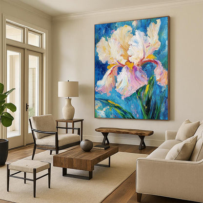 Contemporary abstract art featuring an iris flower with thick impasto brush strokes in white and pink, yellow hints, and teal green leaves against a blue background. DLZ1671