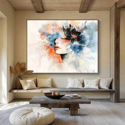 “Dreamy Floral Portrait” - Blue, Orange, Floral, Portrait Painting On Canvas HB0759