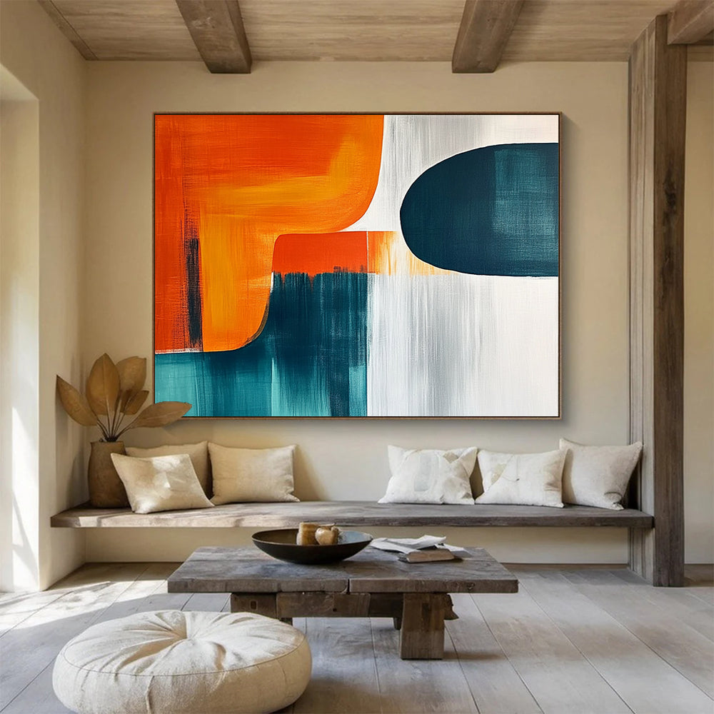 “Color - Blocked Abstract” - Orange, teal, white; Color - blocked abstract with soft transitions; Acrylic Painting On Canvas HB1270
