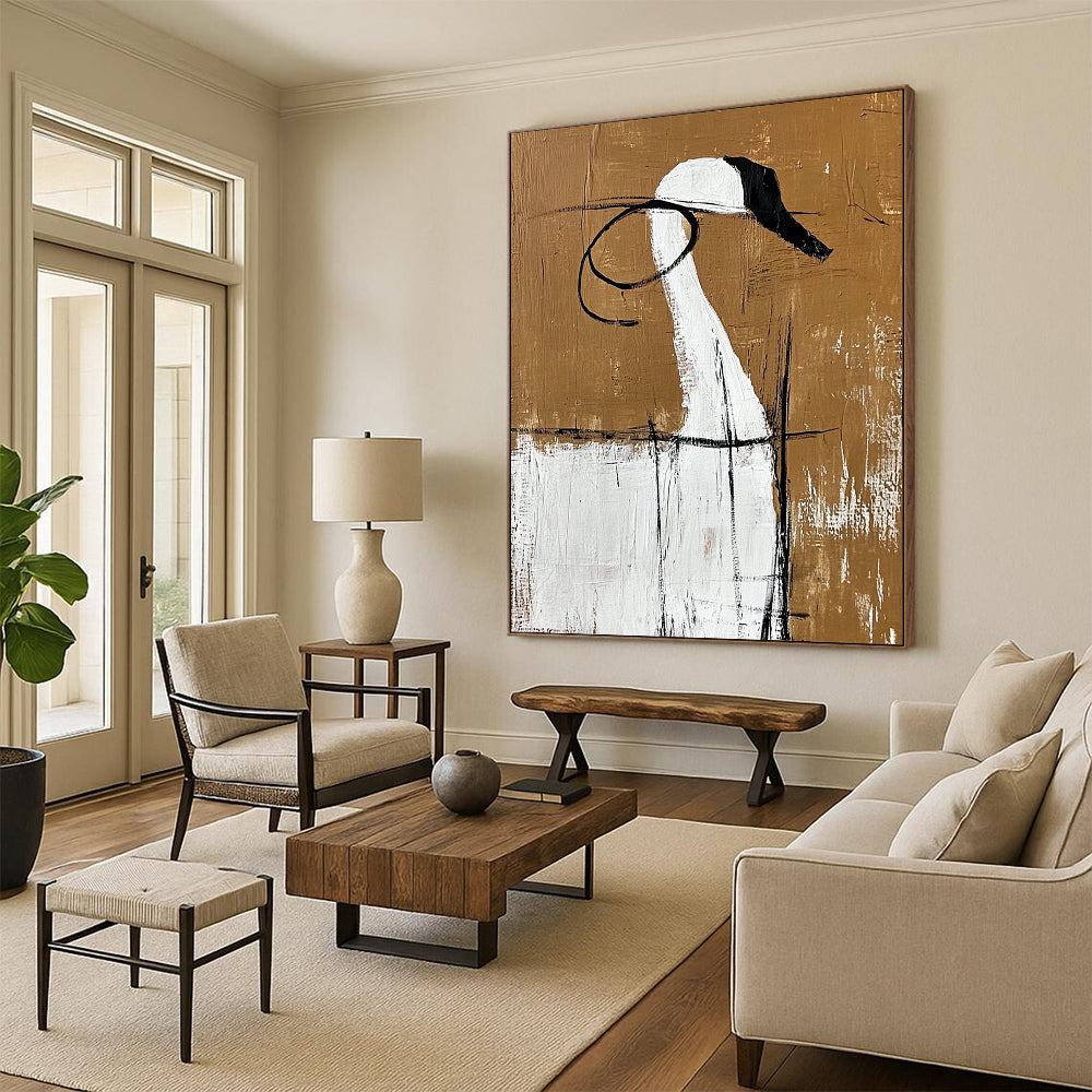 Contemporary hand-painted abstract art featuring large blank spaces bold shapes and contrasting colors inspired by minimalist Chinese aesthetics. DLZ0833