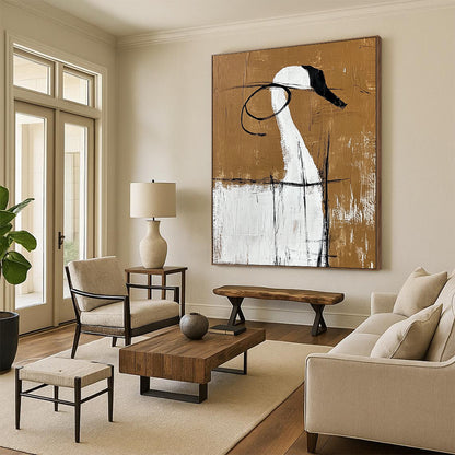 Contemporary hand-painted abstract art featuring large blank spaces bold shapes and contrasting colors inspired by minimalist Chinese aesthetics. DLZ0833