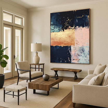 Dark Blue, Light Blue, Pink, Gold, Geometric Blocks "Coastal Opulence" Abstract Painting On Canvas HB031