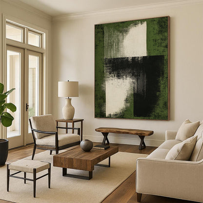 Contemporary abstract art features a minimal black ink brush stroke on a green background evoking mystery and visual harmony with bold gray tones. DLZ1360