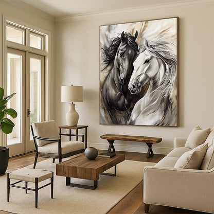 Contemporary abstract artwork featuring two horses playing in silver and gray tones with expressive brushstrokes and flowing fur details. DLZ1662