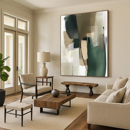 Contemporary abstract painting showcasing a green and beige palette with thick brush strokes and minimalistic shapes in a modernist style. DLZ0535