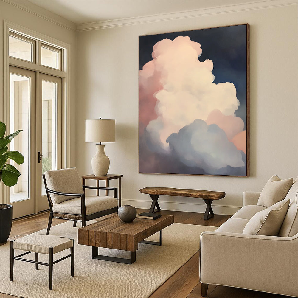 Contemporary hand-painted abstract art featuring puffy white clouds in soft pink and blue against a dark, low-contrast background. DLZ1092