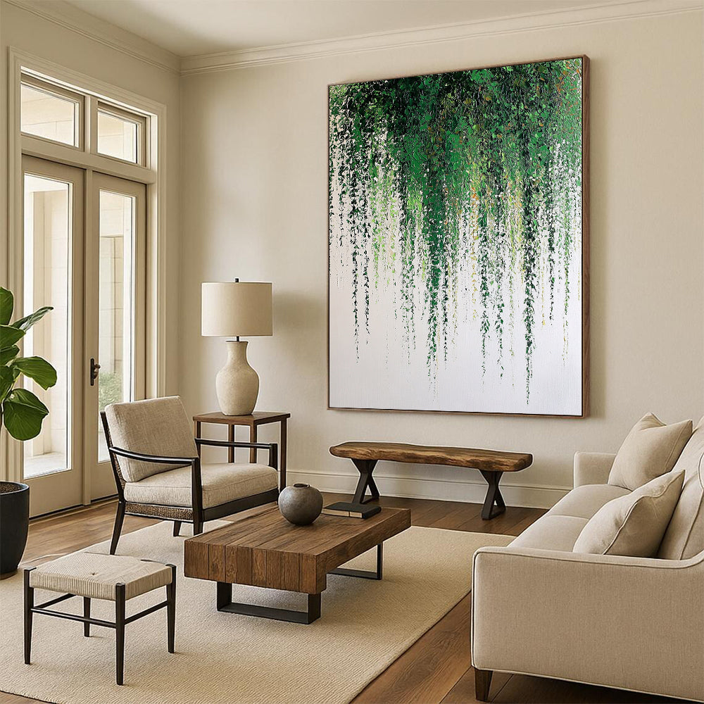 Large contemporary hand-painted abstract artwork featuring a weeping willow with green leaves and soft textures against a white background. DLZ1707