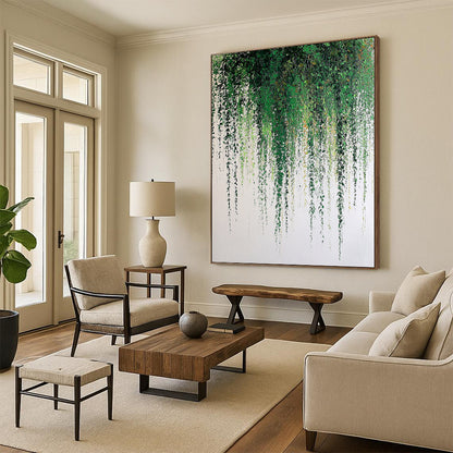 Large contemporary hand-painted abstract artwork featuring a weeping willow with green leaves and soft textures against a white background. DLZ1707