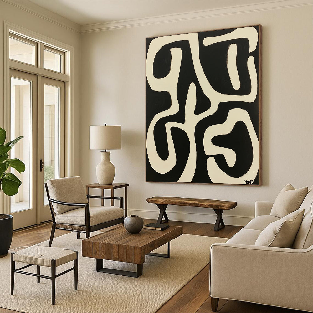 Vibrant contemporary abstract art featuring "Yoga" in bold white against a striking black background inspired by Peter Max and Victor Vasarely. DLZ1710