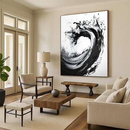 Black, White, Cascading Ink Splash "Ink Cascade" Abstract Expressionist Painting On Canvas HB135