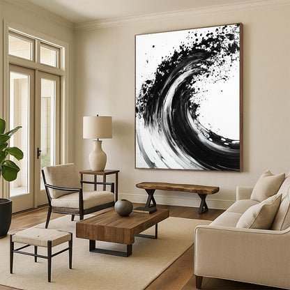 Black, White, Wave - Like Ink Splash "Ink Wave Symphony" Abstract Expressionist Painting On Canvas HB134
