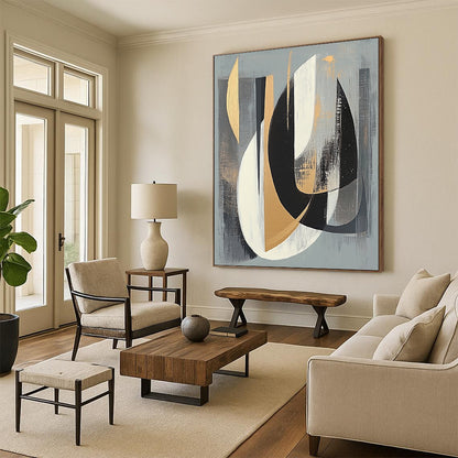 Gray, Black, White and Gold Abstract Shapes "Mystic Fusion" Painting On Canvas HB353
