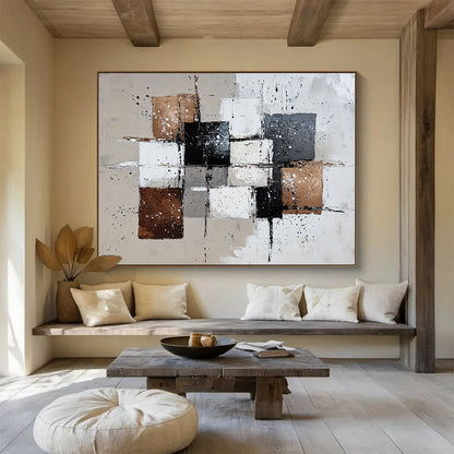 “Black White Brown Abstract Squares” - Black, White, Brown, Splattered Forms - Painting On Canvas HB1421