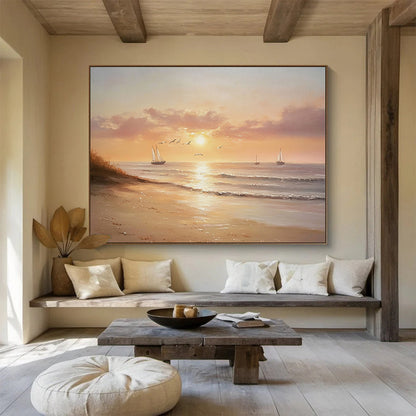 “Serene Sunset Beach” - Oranges, Pinks, Purples, Calm Beach with Sailboats - Realist Oil Painting HB1720