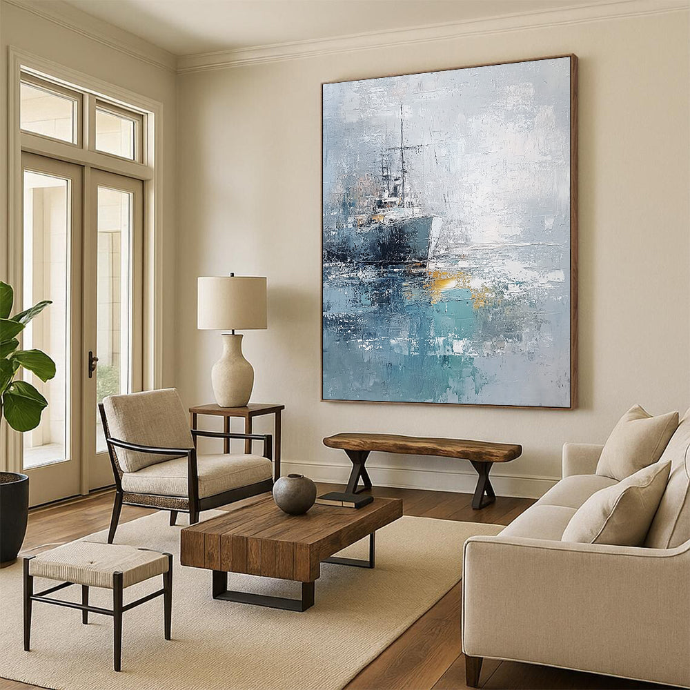Contemporary abstract painting featuring the sea and a ship with impasto texture in light blue gray and white tones on canvas. DLZ0655