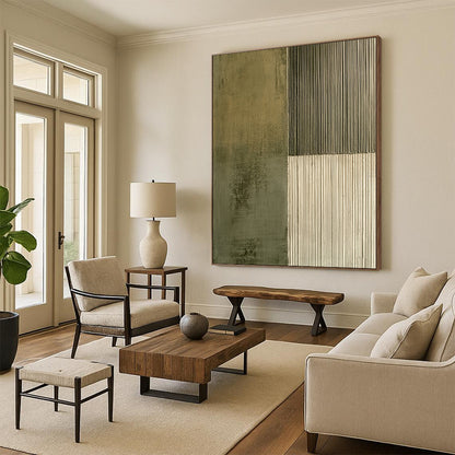Contemporary hand-painted abstract artwork featuring contrasting smooth concrete and textured olive green lines, enhancing visual depth and intrigue. DLZ1490