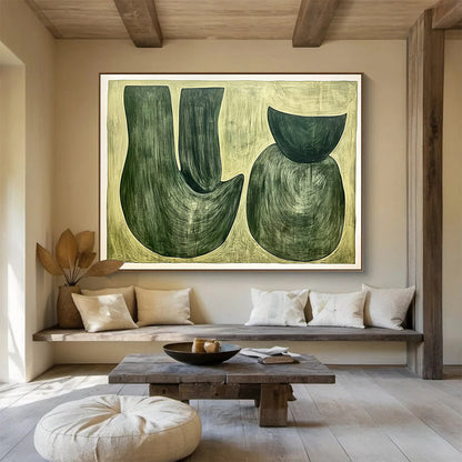“Green Shapes on Beige” - Greens, Beiges, Abstract Organic Shapes - Acrylic Painting HB1762