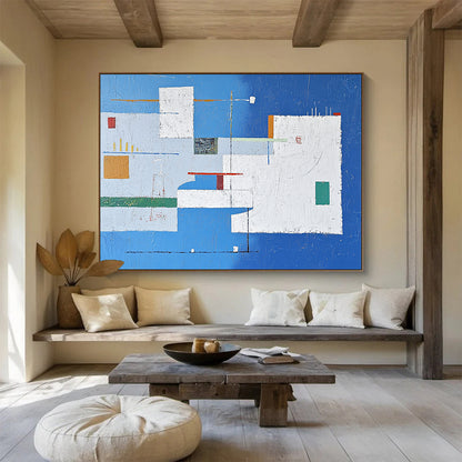 “Blue - White Abstract Geometric Composition” - Blue, White, Colorful Geometric Shapes Painting On Canvas HB0835