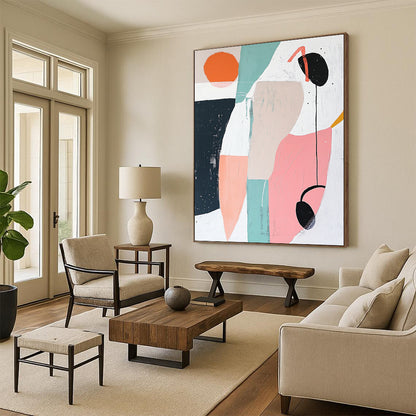 Large contemporary hand-painted abstract artwork featuring geometric shapes in soft pastels creating a calm and soothing atmosphere with negative space and a small black headphone detail. DLZ1374