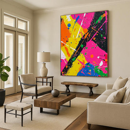 Vibrant contemporary abstract painting featuring bold neon colors and dynamic splashes in a Jackson Pollock-inspired style perfect for modern art collectors. DLZ0614
