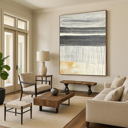 Contemporary abstract artwork showcasing textured stone slabs with dark gray horizontal ridges against a light gray background highlighting vibrant yellow chalk strokes. DLZ1224