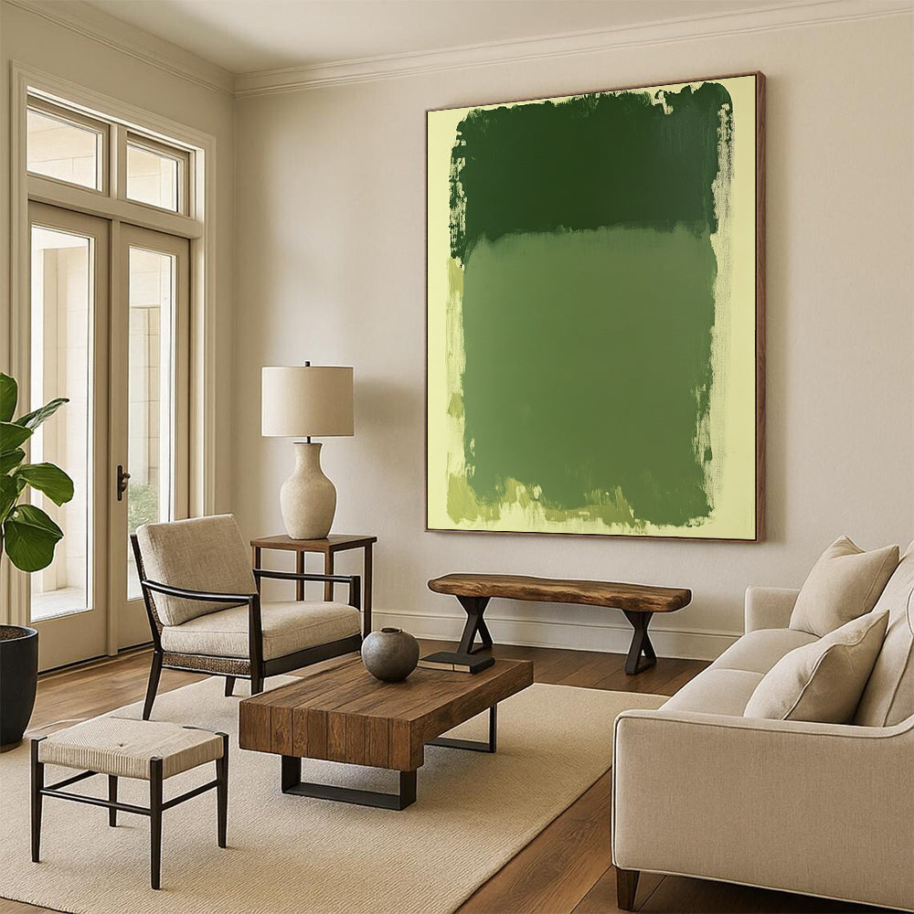 Contemporary abstract painting in green hues featuring a large rectangular shape on a serene white background. Perfect for modern aesthetics. DLZ1656