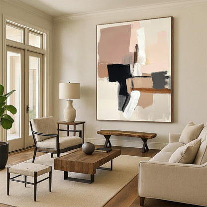 Contemporary abstract art featuring neutral tones soft pink and beige with white brush strokes and bold black lines on a beige background. DLZ1048