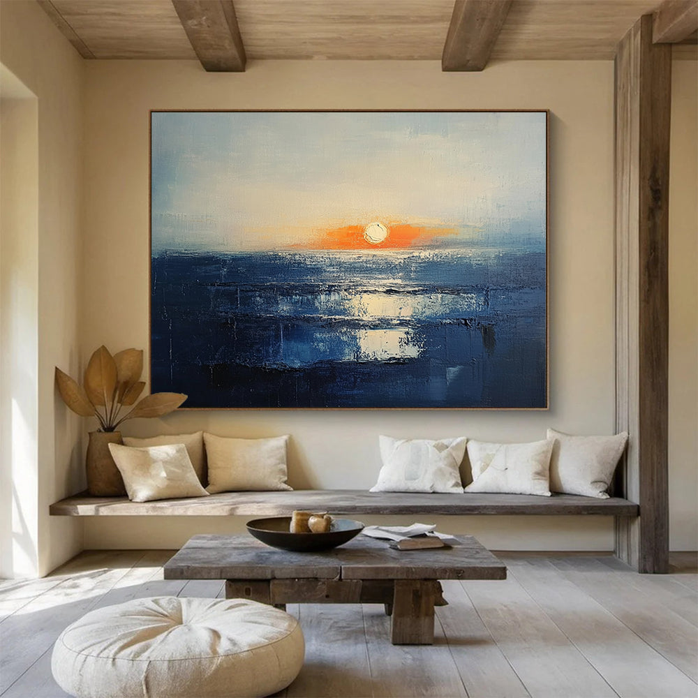 “Sunset Over the Sea” - Blue, Orange, White, Abstract Seascape Painting On Canvas HB1010